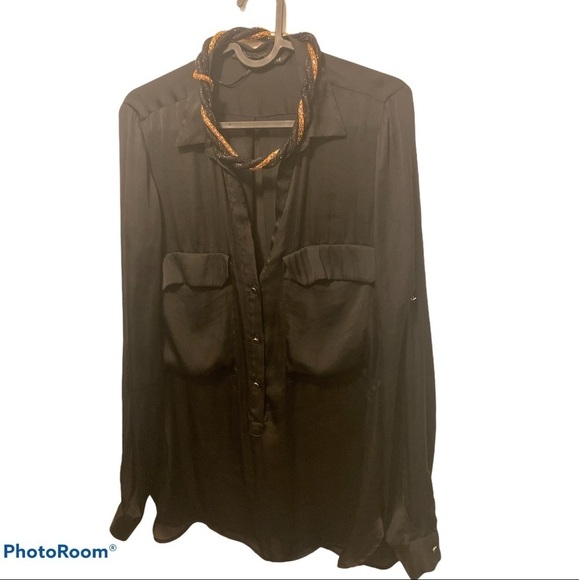 Zara black double pocket loose satin shirt  blouse - Picture 1 of 12